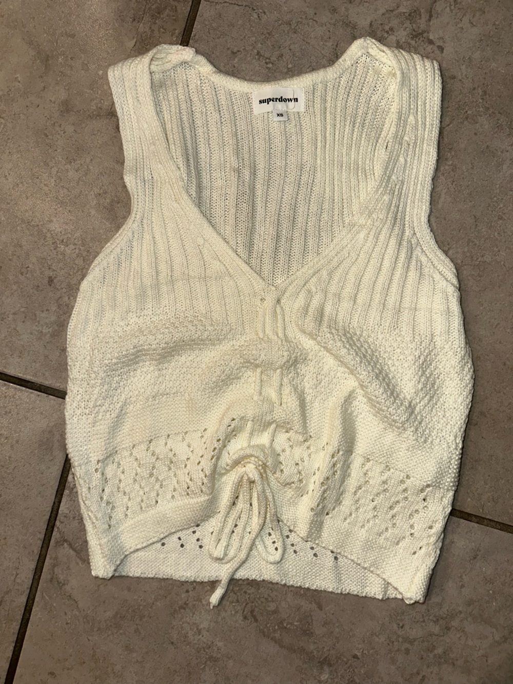 superdown Cream V-Neck Knit Sweater Vest with Drawstring